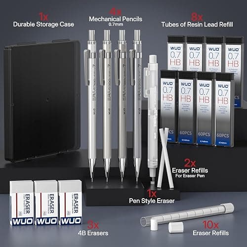 WUO 0.7mm Metal Mechanical Pencil Set, 4-Pack with Eraser Pen and Case | 480 HB Lead Refills, 3 Erasers + 10 Eraser Refills, Medium Point, for Writing, Drawing, Drafting, Sketching thumbnail 7