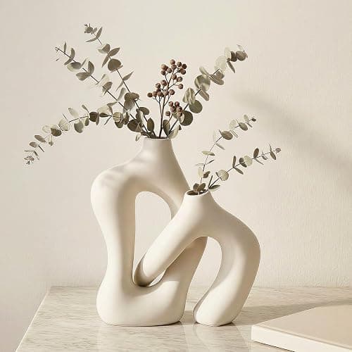 Dowan White Vases for Decor,Hollow Ceramic Vase Set of 2,8.3" Nordic Modern Boho ins Style Decorative Ceramic Aesthetic Flower Vase for Home Decor Modern Minimalist Table, Entryway Centerpieces - Image 1