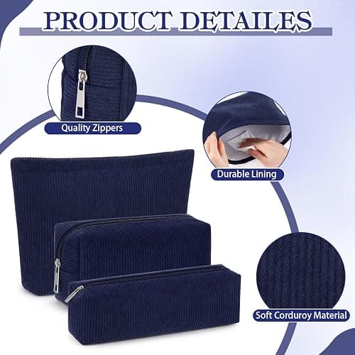 Huhumy 3 Pcs Corduroy Makeup Bag Set for Women, Dark Blue, Solid Style | Cosmetic Pouch Aesthetic Travel Toiletry Bag Cute Purse Pouch Makeup Brushes Storage Organizer with Zipper thumbnail 4