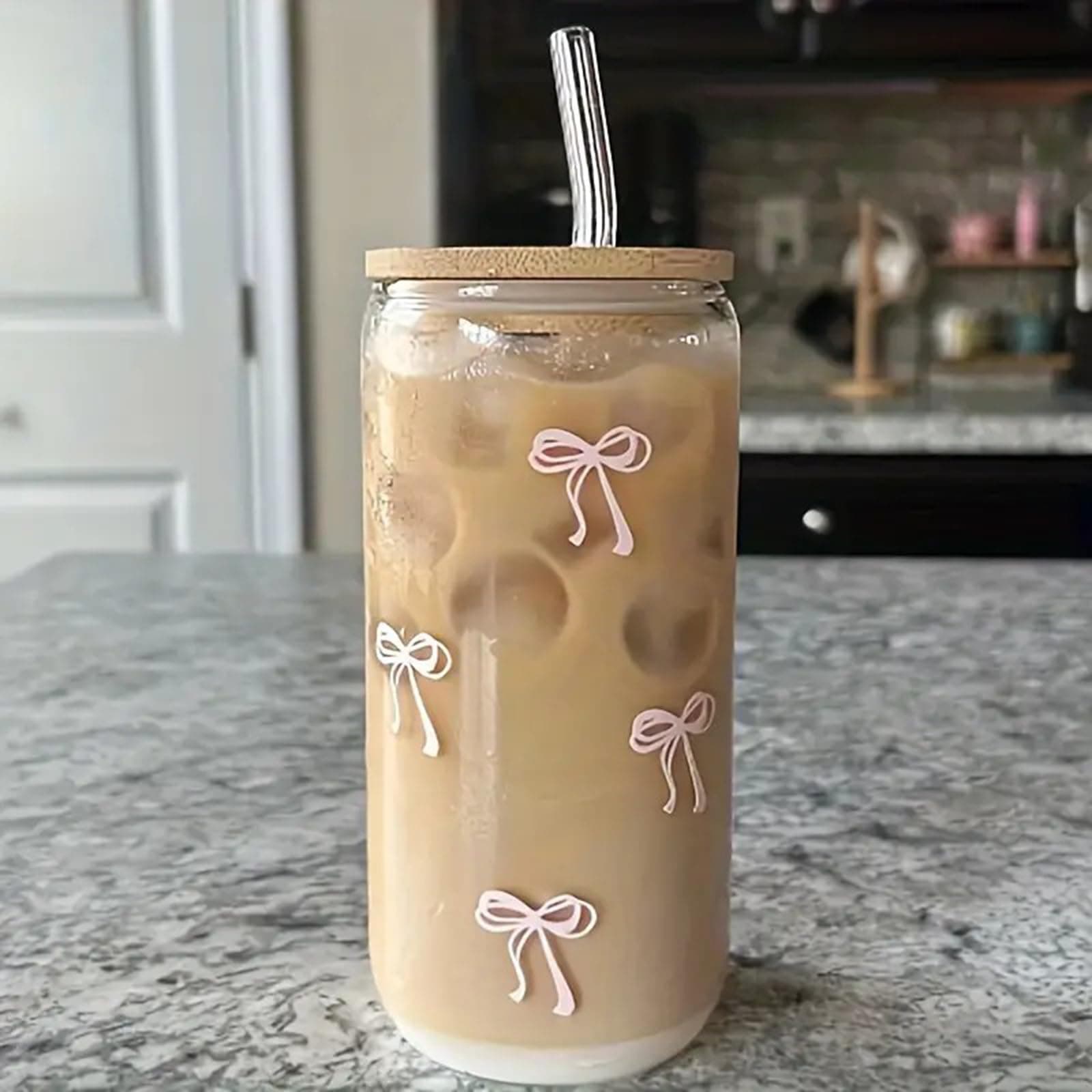 Pink Bow Tumbler with Straw and Lid Aesthetic Glass Cups Iced Coffee Cup Pink Cute Glass Cups 17oz Tumbler Smoothie, Gifts for Girls Women Friends, 520ml - Image 1