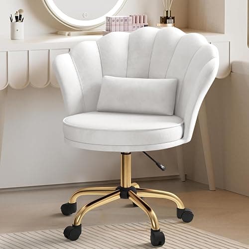 Aivermeil Comfy Home Office Desk Chair, Swivel Modern Velvet Vanity Chair with Gold Base, with Lumbar Pillow, Adjustable Rolling Task Chair for Condo, Bedroom & Vanity，White - Image 1