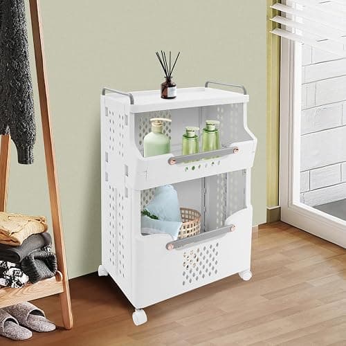 2-Tier Laundry Basket with Wheels, Stackable Storage Bins, Plastic Foldable Laundry Room Bathroom Storage Organizer thumbnail 7