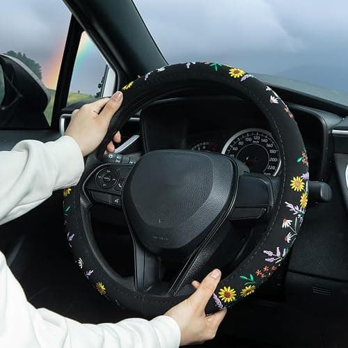 Embroidered Sunflower Lavender Cute Black Steering Wheel Cover, Auto Anti-Slip Breathable Steering Wheel Protector, Butterfly Floral Car Accessories for Women,Universal Size Fit Most Cars -15 inch thumbnail 2