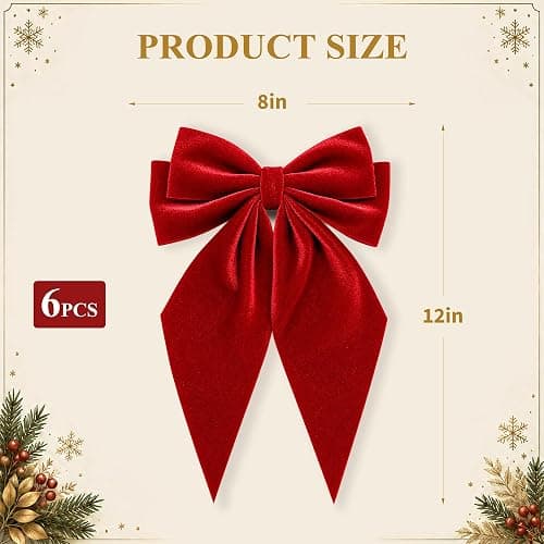 Large Christmas Bows, Velvet Bows for Xmas Tree Topper Garland Wreath Decor | 12" x 8" Red Christmas Tree Topper Bows Velvet Ribbon Bows Ornaments for Gift Wrapping Staircase Mantel Door DIY 6PCS thumbnail 3