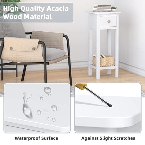 Giantex Tall End Table, Narrow Side Table with Drawer and Shelf, Acacia Wood Nightstand for Living Room, 2-Tier Bedside Table for Small Space, No Assembly, White - 1 - White thumbnail 4