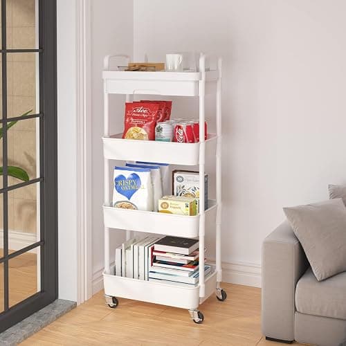 Wuciray Beauty Trolley on Wheels 4 Tier Storage Trolley with Drawer Plastic Beauty Trolleys Rolling Utility Cart for Home Kitchen Bathroom Laundry Office White Storage Trolleys on Wheels thumbnail 5