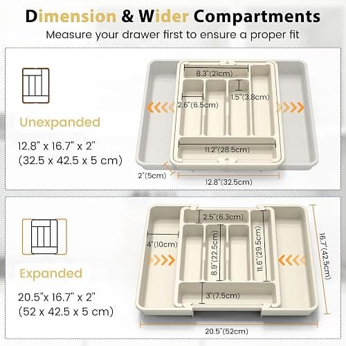 Caperci Large Silverware Organizer for Kitchen Drawer & Utensils - Expandable Drawer Organizer for Cutlery, Flatware & Gadget, BPA-Free Thick Plastic, Wider Compartments & Non-skid Feet (Tofu) thumbnail 2