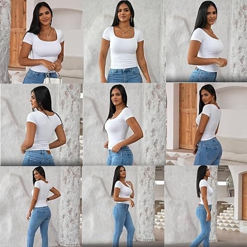 Dwnval Women's Basic Square Neck Double Lined Short Sleeve Slim Fit T Shirt | Square Neck, Double Lined, Crop Top, Slim Fit, Basic, T Shirts For Summer thumbnail 4