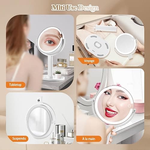 MOMOKUBA Miroir Grossissant Lumineux X 20, Miroir Grossissant sur Pied 8", miroirs Maquillage Lumineux sur Pied Double Face 3 Couleurs 64 LED, Rechargeable Rotation 360° thumbnail 4