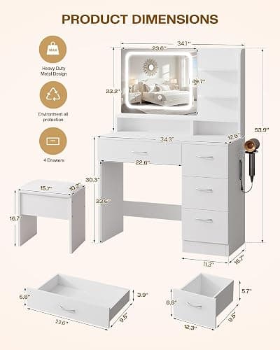 LIVELYGLOW White Makeup Vanity Desk with Charging Station & 4 Drawers | Smart LED Mirror, Cushioned-Stool, Hairdryer Rack thumbnail 2
