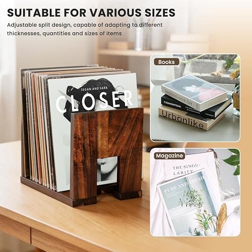 Vinyl Record Storage Stand: Solid Acacia Wood Album Holder for Desktop | Adjustable Vinyl Record Display Holds 1-60 LPs,Now Playing Record Holder for Shelf,Premium Music Gift for Collectors thumbnail 4