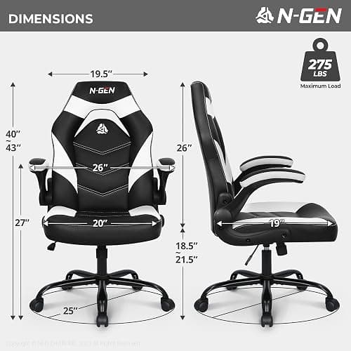 N-GEN Gaming Gaming Chair, Lumbar, PU Leather, Flip-Up Arms, White | Ergonomic High-Back Design, Adjustable Height with 360° Swivel Wheels, Comfortable Computer Desk Seating for Office and Home thumbnail 3