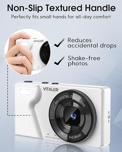 4K Digital Camera with Front Rear Lens, Autofocus 64MP,NO Card, Metal Shell | Built-in 2000mAh Battery, Non-Slip Handle, Flash, 2.8" Screen, 18X Zoom for Beginner Teens Adult,Party & Travel, White thumbnail 6