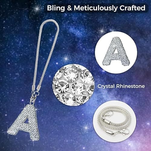 Hitluste Bling Car Letter Charm, Rear View Mirror Ornament Cute Hanging Crystal Pendant Bling Car Accessories, Lucky Diamond Rhinestone Women Charm Auto Decoration (White A) thumbnail 3