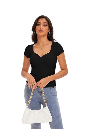Cioatin Women Cute Sweetheart Neck Short Sleeve Crop Tops Ruched Summer Going Out T Shirt Y2K Clothes Tee Teens thumbnail 5