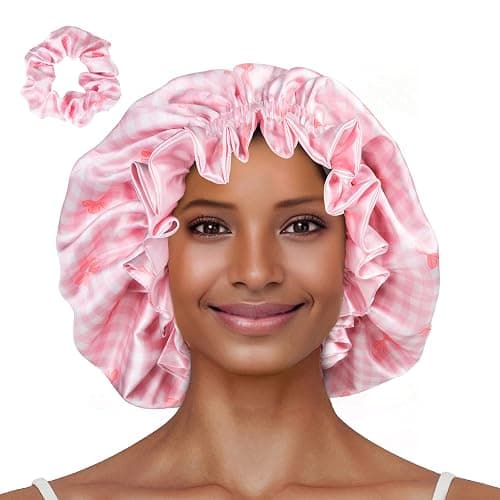 Vettres Floral Satin Bonnet with Scrunchie Set,Double Layer Ruffle Reusable Sleeping Shower Cap for Curly Hair Pink-bow - Image 1