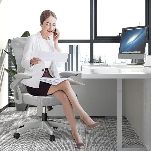 naspaluro Ergonomic Office Chair, Mid Back Desk Chairs with Adjustable Height, Swivel Chair with Flip-Up Arms and Lumbar Support, Breathable Mesh Computer Chair for Home/Study/Working, Grey thumbnail 2