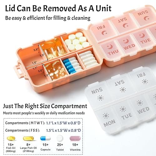 NEW Foldable & Double Protection Portable Weekly Pill Organizer 2 Times A Day with Etched Labels, AM PM 7 Day Week Medicine Box, Daily Travel Pill Case Holder Dispenser for Vitamin, Supplement - Pink thumbnail 4