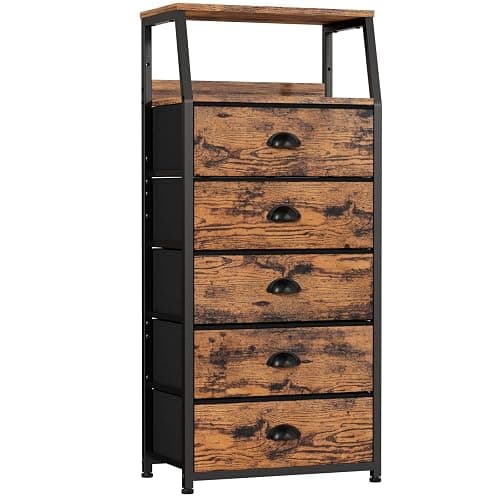 Furnulem Tall 5 Drawers Dresser, Vertical Storage Tower Fabric Dresser for Bedroom, Hallway, Entryway, Nursery, Closet Organizer, Nightstand Bedside Table Furniture, Sturdy Steel Frame, Wood Top - Image 1