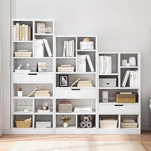 IOTXY Wooden Open Shelf Bookcase - 61" Height Free Standing Display Storage Cabinet Organizer with 8 Cubes and a Drawer, Floorstanding Bookshelf, Warm White thumbnail 6