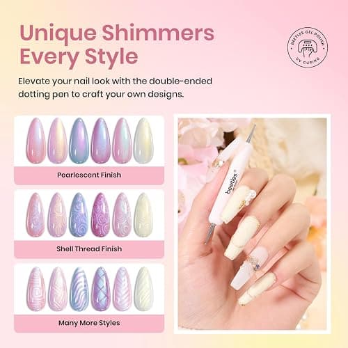 Beetles Pearl Gel Nail Polish, 6 Colors Shimmer Pearl White Pink Purple Mermaid Nail Drawing Gel Polish Soak Off Uv Gel Polish Swirl Shell Thread Effect DIY Manicure Gift for Women thumbnail 3