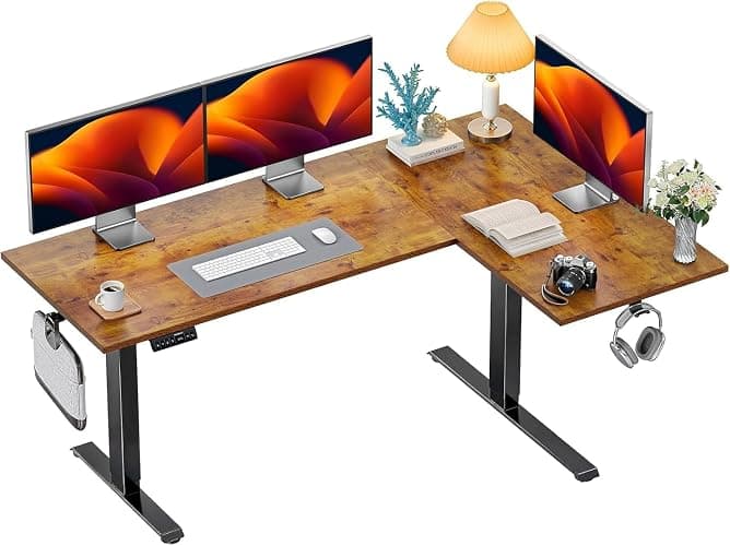 HUANUO Dual Motor 71x48 inch L Shaped Electric Standing Desk with 3 Preset Heights, Electric Height Adjustable Computer Table, 2 Hooks & Cable Tray, Raising Desk for Home Office, Vintage Brown - Image 1