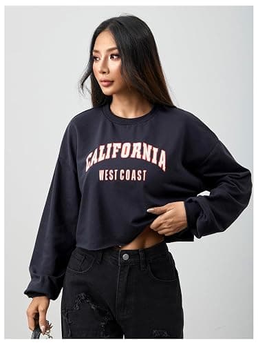 SweatyRocks Women's Casual Long Sleeve Crew Neck Letter Print Crop Top Sweatshirt thumbnail 3