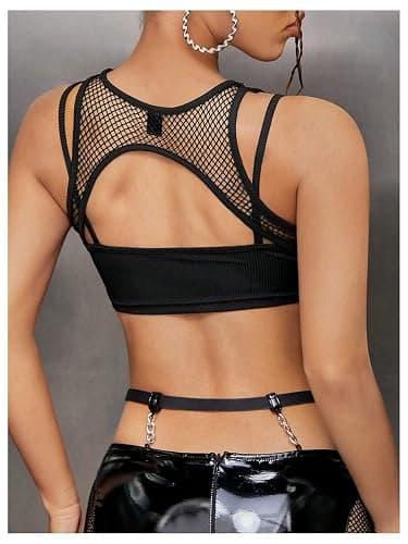 WDIRARA Women's Cut Out Tank Tops Sheer Mesh Fishnet Sleeveless 2 in 1 Crop Top Clubwear thumbnail 3