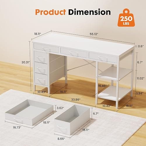 Sweetcrispy 55" Computer Desk with 6 Drawers, Home Office Gaming Desks with Storage Shelves for Bedroom, Writing Study Corner Living Room Work Table White thumbnail 3