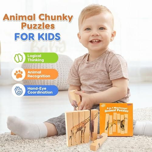 Wooden Puzzles for Toddlers 1-3: Animal Toddler Puzzles for 2-4 Years Old, Montessori Toys Learning Educational Chunky Puzzle, 4-in-1 Safari Animal Wooden Toys for Kids Baby Boys Girls Gifts thumbnail 4