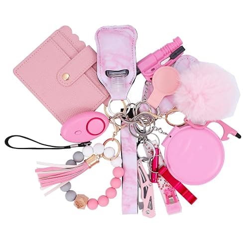 Ankilo Upgraded Safety Keychain Set for Women, Wristlet Strap Keychain with Personal Alarms, Mirror, Pom Pom, etc. (18PCS) - Pink thumbnail 9