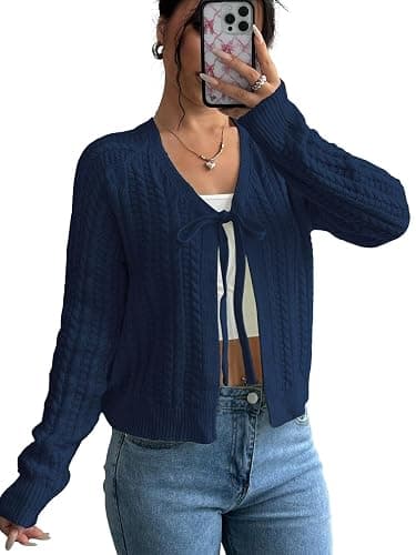 Narecte Cardigan Sweaters for Women V Neck Cropped Bow Tie Front Cardigan Long Sleeve Tops Knit Fall Winter Outfit - Image 1