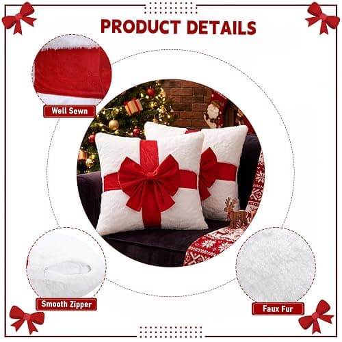 Meanplan 2 Pcs Christmas Red Bow Throw Pillow Covers 18x18 Inch Xmas Decor | Soft Fluffy Plush Throw White Pillowcases with Red Velvet Bow, Faux Fur Xmas Gifts for Couch Holiday Sofa Cushion Decoration thumbnail 3