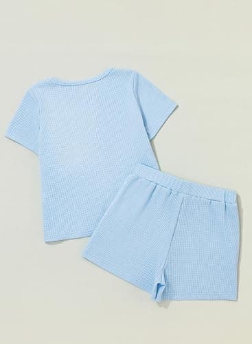 blibean Girls Summer Clothes Sets Waffle Colorblock Outfits Size 6-15 Years | Kids 2 Piece Short Sleeve Shirt Shorts Suits, Fashion Contrast, Round Neck,With Pockets,Back to School ,Casual thumbnail 6