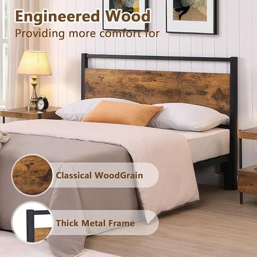 anwickjeff Wood Headboard Queen Size Bed, Easy Assembly Headboard with Rustic Solid Wood Board,Only with Metal Slats Sturdy, Farmhouse Headboards for Adjustable Bed, Rustic Brown (Queen) thumbnail 6