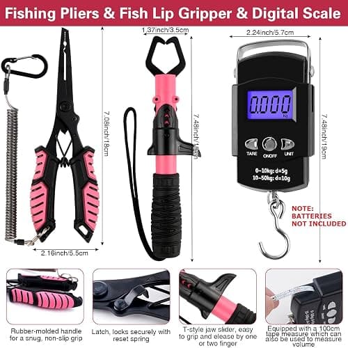 3-Layer Pink Fishing Tackle Box with Tackle Included, Fishing Gear Kit Includes Pliers Fish Lip Gripper Scale Crankbait Spinnerbaits Soft Baits Hooks, Ideal Gift for Angler Saltwater Freshwater thumbnail 2