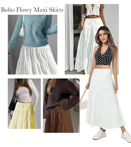 DERAX Women's Boho Flowy White Maxi Skirt Flared Ruffle Elastic Waist Summer A Line Long Skirts thumbnail 4
