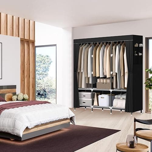 LOKEME Wardrobe Closet,Portable Closet for Bedroom Steel Pipe Diameter 19mm Strong and Sturdy Black Portable Closets for Hanging Clothes with 3 Hanging rods, 6 Storage Shelves and Side Pockets thumbnail 8