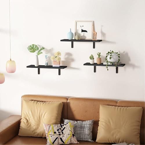 upsimples Floating Shelves for Wall Decor Storage, Wall Mounted Shelves Set of 3, Sturdy Small Wood Shelves with Metal Brackets Hanging for Bedroom, Living Room, Bathroom, Kitchen, Book, Black thumbnail 5