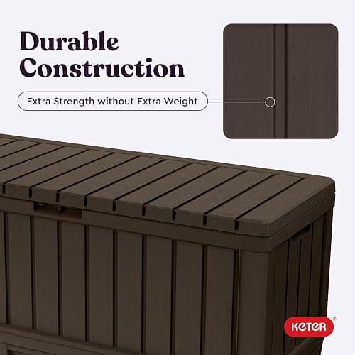 Keter Kentwood 92 Gallon Resin Deck Box-Organization and Storage for Patio Furniture Outdoor Cushions, Throw Pillows, Garden Tools and Pool Floats, Brown thumbnail 7