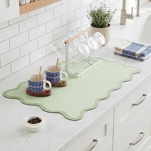 Scalloped Dish Drying Mat for Kitchen Counter, Absorbent Easy Clean Non-slip Coffee Bar Station Accessories, Trendy Cute Aesthetic Modern Drainer Kitchen Drying Mat, Sage Green 12" x 19" - Image 1