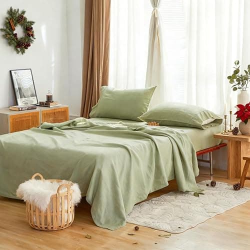 Simple&Opulence 100% French Linen Sheet Set Breathable Durable for Hot Sleepers Bedding 4 pcs - 1 Flat Sheet,1 Fitted Sheet,2 Pillowcases with Hemstitch Lace Embroidery Design (Sage Green, Queen) thumbnail 3