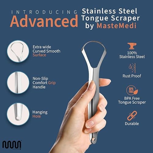 MasterMedi Tongue Scraper for Adults, 100% Stainless Steel Tongue Scrubber for Bad Breath, Easy to Use, Tongue Cleaner for Oral Care & Hygiene (SPTC-1|with Case) thumbnail 4