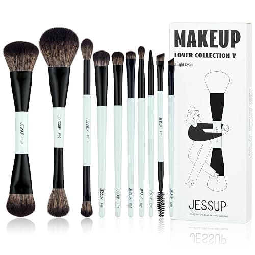 Jessup Makeup Brushes Set 10pcs, Double Sided Foundation Contour Blush Highlight Blending Eyebrow Brush Eyeshadow Eyeliner Concealer Brush, Bright Cyan Cruelty Free Cosmetic Tools T500 - 10pcs-T500 - Image 1