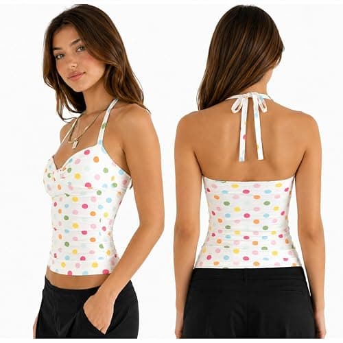 Erqiroc Y2K Polka Dot Halter Top for Women Colorful Backless Sleeveless Tie Neck Tank Summer Aesthetic Shirt thumbnail 2