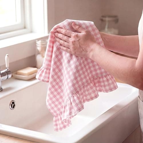 HunnmingRe Light Pink Kitchen Towels Set of 2, 100% Cotton Ruffled Gingham Dish Towels 18"x28" Absorbent Tea Cloths Classic Plaid Pattern for Farmhouse Charm, Drying Dishes, Entertaining Guests thumbnail 4