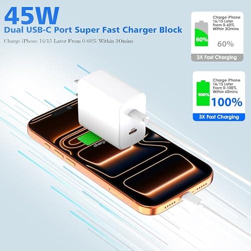 Fast Charger iPhone 17/16/15,45W Dual USB C Wall Charger 2 Pack 6FT Type C-C Fast Charging Cable Cord 45W Plug Quick Apple Chargers for iPhone 17 Pro Max/17 Air/16 Pro/15/15 Pro/Plus,iPad Pro/Air/Mini thumbnail 3