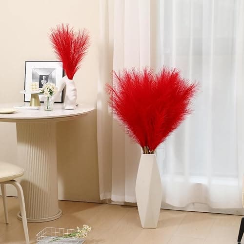 Wertuirk 9 Stems Red Pampas Grass - 38 Inch Tall Fluffy Faux Pampas Grass Decor, Long Artificial Pompas Floral for Living Room, Wedding Centerpieces and Home Decor (Red) - Red thumbnail 3