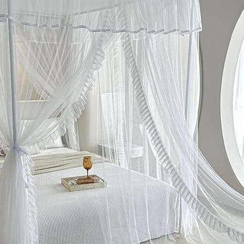 AIKASY 4 Corners Post Ruffle Princess Bed Canopy Curtain - Double Layer Cozy Drape Netting with 4 Openings - Elegant Mosquito Net for Girls and Adults Bedroom Decoration (White, Queen) thumbnail 8