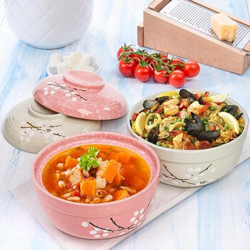 Goaste 2 Pack Ceramic Ramen Noodle Bowl, 27 OZ Big Ramen Bowl with Lid, Japanese Hand-Painted Ceramic Tableware, Durable Floral Soup Bowl for Noodles, Porridge, Rice, Dishwasher Safe(Pink, Cyan Blue) thumbnail 2